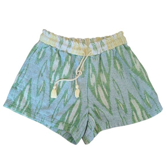 Aerie Jacquard Shorts Green Yellow Boho Hi-Rise Drawcord Waist 100% Cotton Baggy - Picture 11 of 15